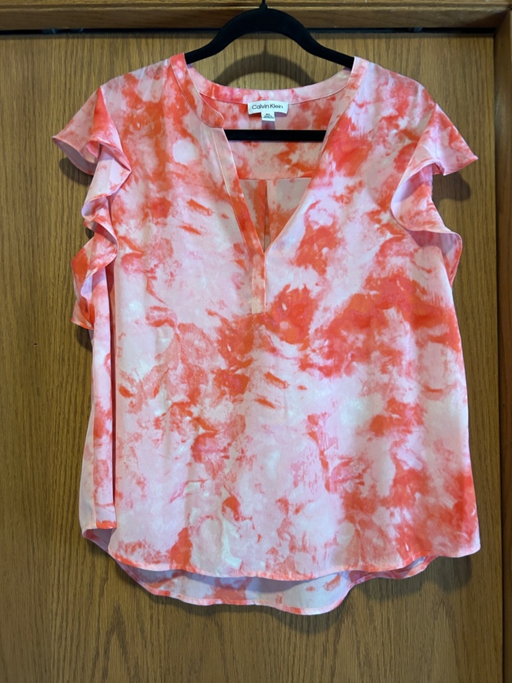 Calvin Klein Coral & White Ruffle Sleeve V-Neck Blouse- XL